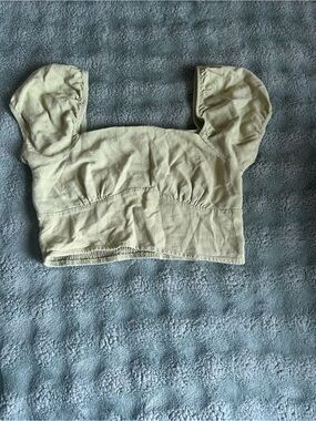 LA Hearts Smocked Square-Neck Puff Sleeve Crop Top - Light Sage